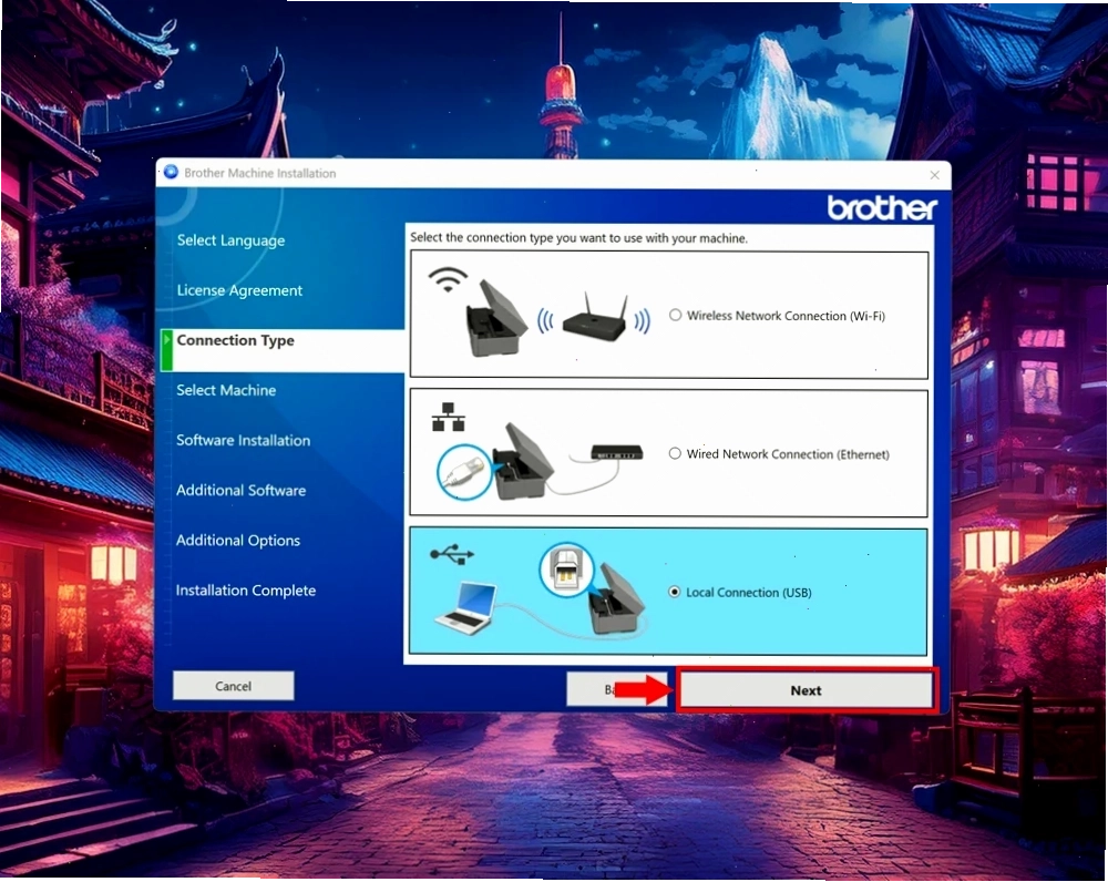 Chọn phương thức kết nối khi cài đặt máy in Brother