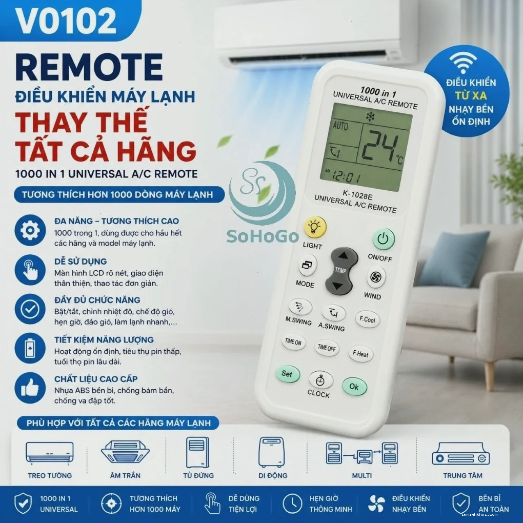 Hình ảnh tổng quan về remote máy lạnh 1000 trong 1