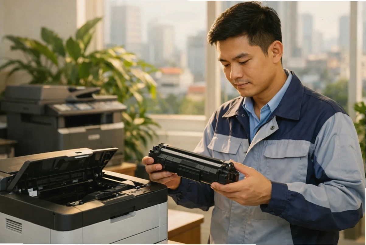 Kỹ thuật viên kiểm tra hộp mực máy in Brother