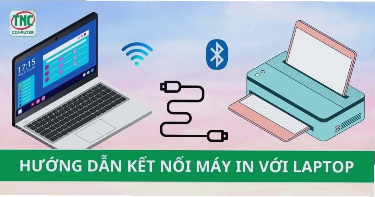 Kỹ thuật viên kiểm tra kết nối cáp USB giữa máy in và máy tính