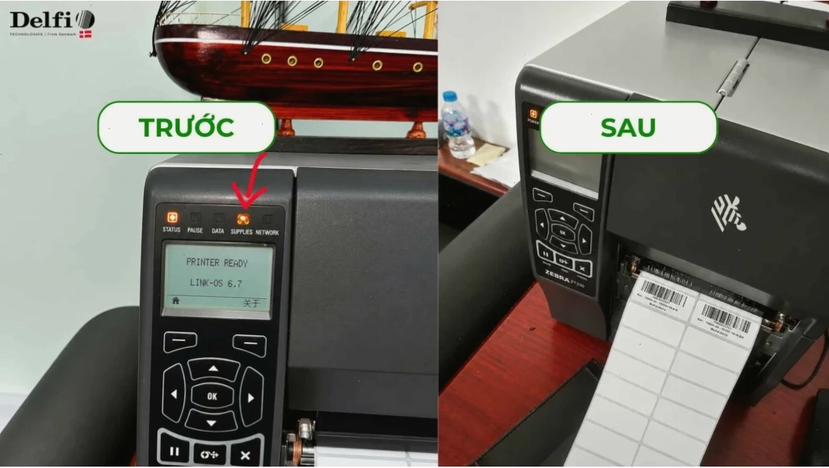 Máy in mã vạch đang hoạt động in tem sản phẩm